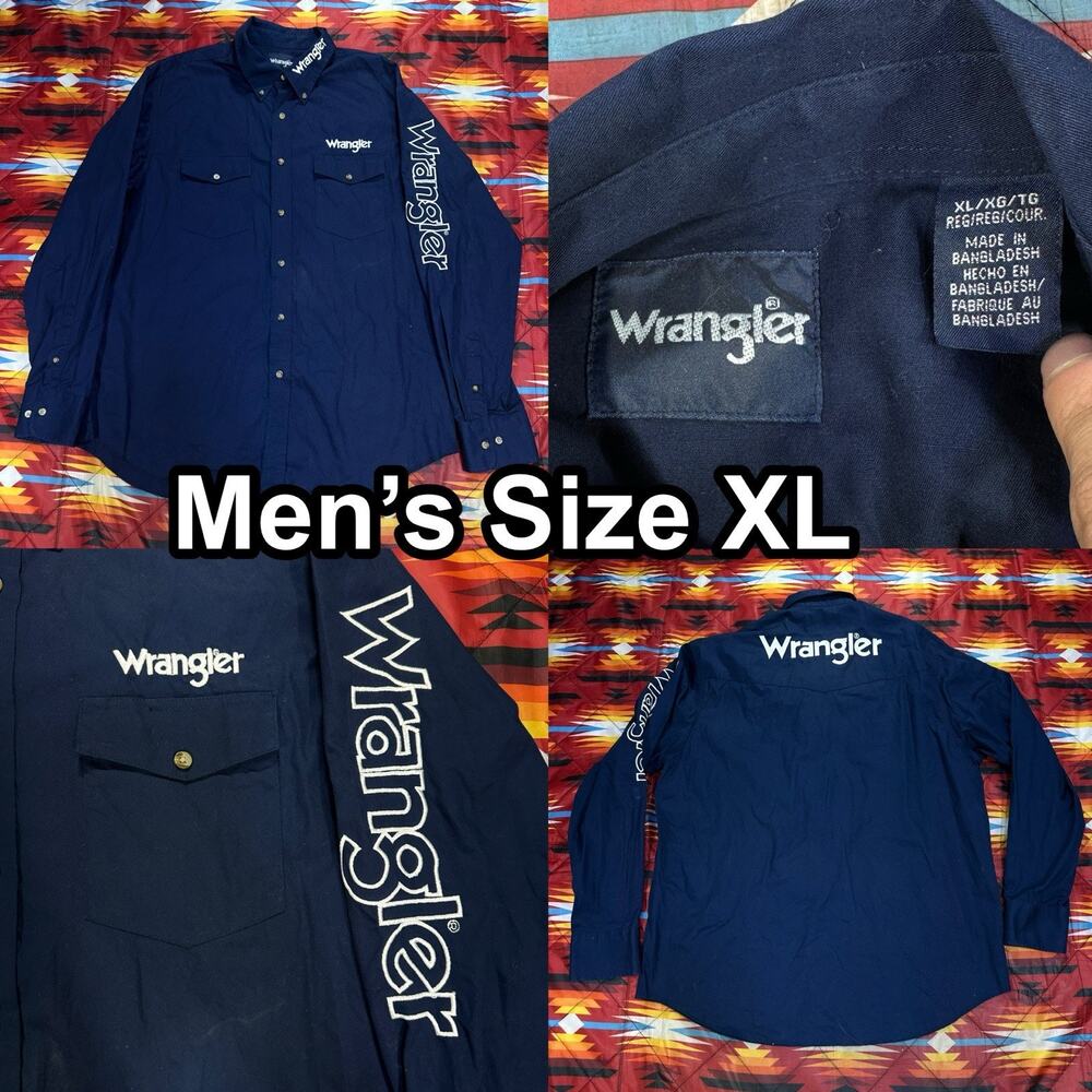 Wrangler Button Up Shirt Men’s Sz XL Navy Blue Embroidered Long Sleeve Western